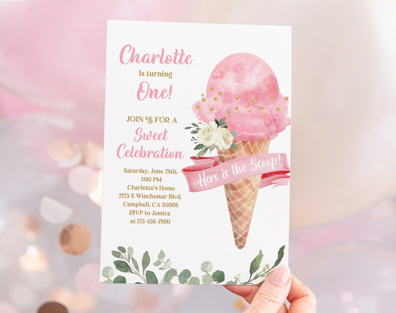 Ice cream Birthday Invitation Party Invite Ice cream Social Heres the Scoop Pink Floral Girl 1st Printable Editable Download