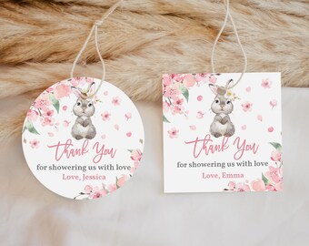 Etiquetas de agradecimiento para baby shower: Conejito, Flores rosas - Archivo digital editable