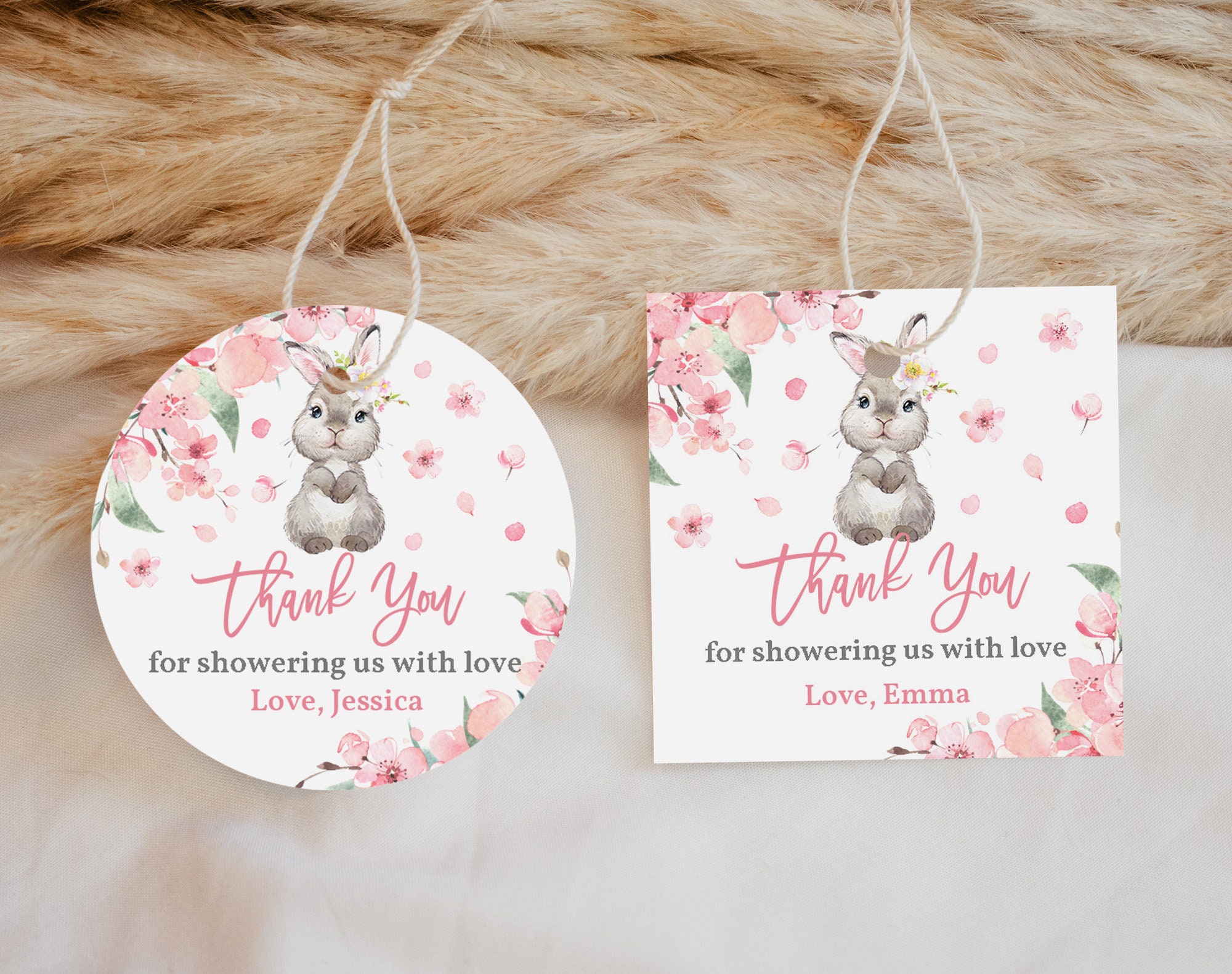 Baby Shower Thank You Tags: Bunny Rabbit, Pink Floral - Editable