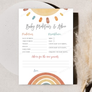 Cartes de prédiction et de conseils pour bébé arc-en-ciel Boho Sun, jeu de baby shower Boho Sunshine, voici le soleil à télécharger Bab151