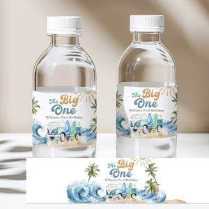 Étiquette de bouteille d'eau de surf modifiable Boy The Big One Étiquette d'eau plage 1er anniversaire fête décoration surf océan été rétro imprimable Bir345