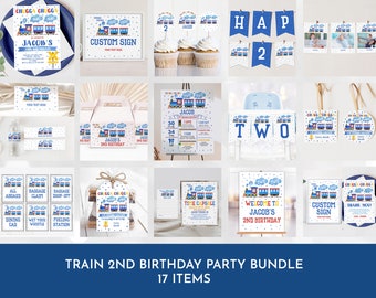 May include: A train-themed party printable bundle for a 2nd birthday. The bundle includes 17 items, such as invitations, cupcake toppers, banners, and signs. The design features a blue train with red wheels and yellow accents.