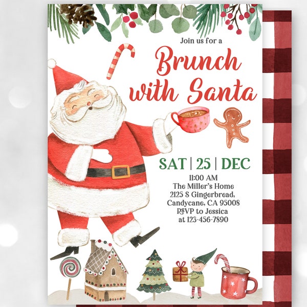 Brunch with Santa Invitation  Christmas party Invite, EDITABLE, Download  Chr11