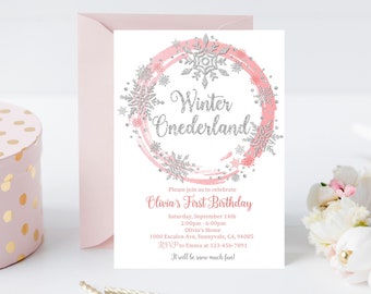 Winter ONEderland 1st Birthday Invitation Winter Party Invite Girl Pink Silver Glitter Sprinkle Digital Editable Printable Download Bir149