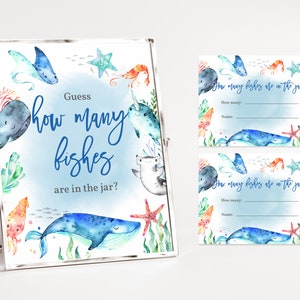 Editable Sea baby shower guess how many fishes game Ocean Guessing game sign boy baby shower Digital Printable Download Bab156