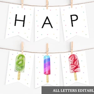 Popsicle birthday banner Ice cream Garland Summer Birthday Decor Popsicle Bunting Banner Colorful Digital Editable Printable Download Bir347