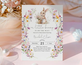 Bunny Baby Shower Invite, Wildflower Spring Design (Editable Template) Eaba11