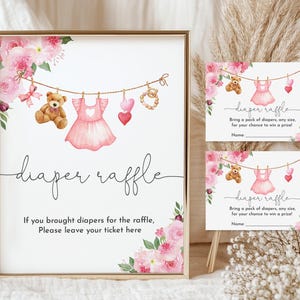 Modèle de carte de signe de tombola de couches chérie Saint-Valentin baby shower jeu de tombola de couches modifiables coeur rouge imprimable vêtements de bébé VababI6
