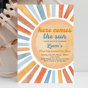 Retro Sun Birthday Invitation Here Come The Sun 1st Invite Retro Boy First Trip Around The Sun Boho Editable Printable Download Bir350