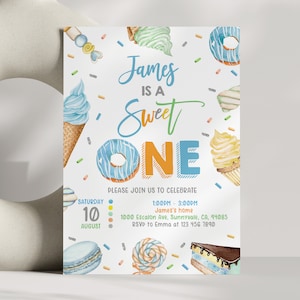 Sweet One Birthday Invitation Pastel Blue Sweets Invite Donut Candy Ice cream Cupcake Boy 1st Birthday Editable Printable Download Bir368
