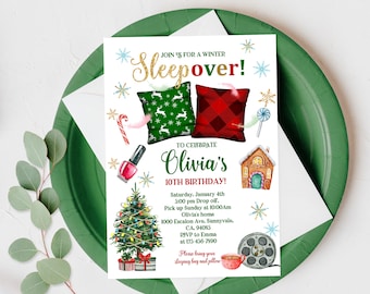 Sleepover Birthday Invitation: Christmas Pajama Party (Digital Editable) Bir16