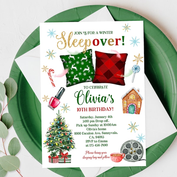 Sleepover Birthday Invitation: Christmas Pajama Party (Digital Editable) Bir16