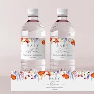 Etiquette pour bouteille d'eau bébé en fleurs Etiquette pour eau de douche de bébé fleurs sauvages Boho printemps floral autocollant modifiable imprimable floral rose violet Bab260