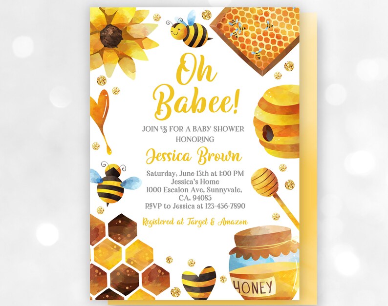 Bee baby shower invitation Gender neutral EDITABLE Download Bab97