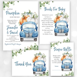 Little Pumpkin Truck Baby Shower Invitation Set Blue Truck Boy Fall Autumn A little Pumpkin is on the way Editable Printable Download Bab102