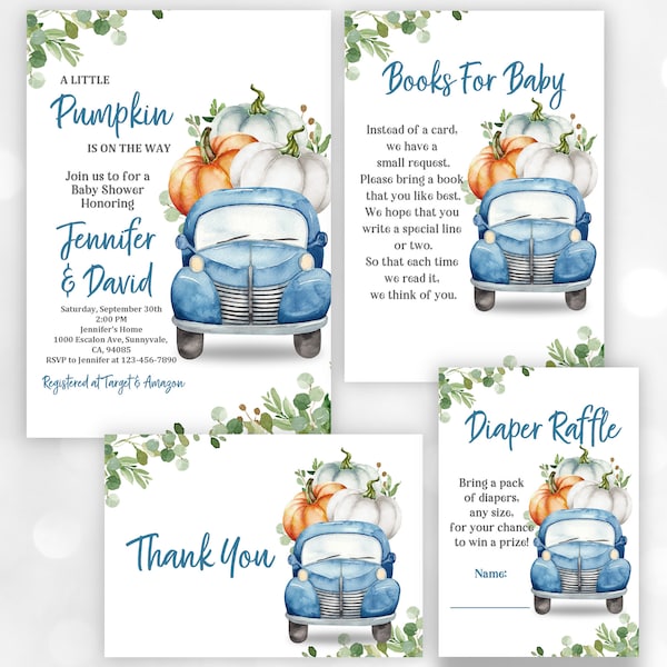 Little Pumpkin Truck Baby Shower Invitation Set Blue Truck Boy Fall Autumn A little Pumpkin is on the way Editable Printable Download Bab102
