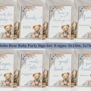 Erba della Pampa blu modificabile, possiamo aspettare a malapena, set di cartelli con scritta "Blue Boy Boho Bear Boho Baby Shower", decorazione da tavolo stampabile digitale Bab277