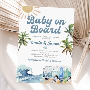 Baby on Board Invitation Editable Surf Beach Baby Shower Invitation Template Summer Baby Shower Printable Invite Shower Evite Bab354