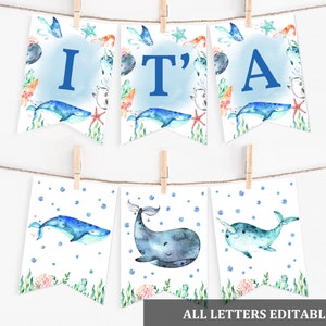 Sea Animals Baby shower Banner It&#39;s a Boy Ocean Party Decorations Sea creatures Digital Garland Editable Printable Download Bab156