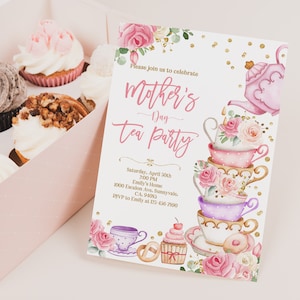 Mothers Day Tea Party Invitation Mother's Day Brunch Invite Mommy and Me Pink floral gold High tea Digital Editable Printable Download MoI3