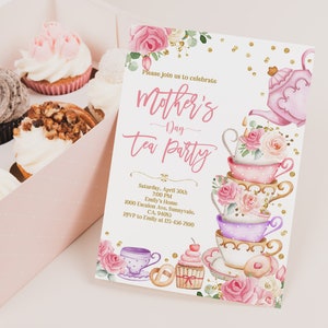Invito al Tea Party per la Festa della Mamma Invito al Brunch per la Festa della Mamma Mamma e Me Rosa floreale oro High tea Digitale Modificabile Stampabile Scarica MoI3
