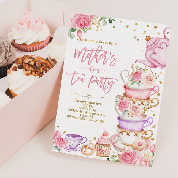 Mothers Day Tea Party Invitation Mother's Day Brunch Invite Mommy and Me Pink floral gold High tea Digital Editable Printable Download MoI3