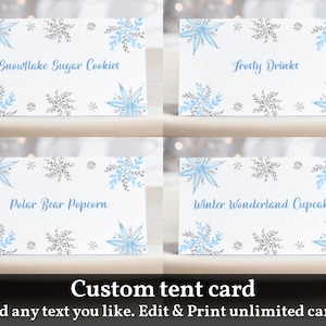 Tarjeta de carpa de comida con copos de nieve Tarjeta de lugar de comida de invierno Decoración de invierno de Onederland Fiesta en el país de las maravillas Azul Plata Editable Descargar Bir42 Bab68