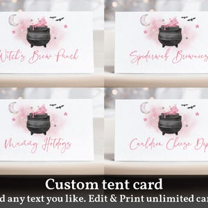 Un bambino sta fermentando cibo tenda carta Halloween Baby Sower etichetta alimentare Pink Girl segnaposto Hocus Pocus Strega Modificabile Stampabile Scarica Haba1