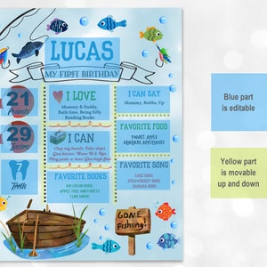 Puede incluir: Un gr&aacute;fico azul y amarillo para el primer cumplea&ntilde;os de un ni&ntilde;o llamado Lucas. El gr&aacute;fico incluye detalles como su peso, altura, comidas favoritas, canciones y libros. El gr&aacute;fico est&aacute; decorado con un tema de pesca e incluye una imagen de un barco, peces y una ca&ntilde;a de pescar.