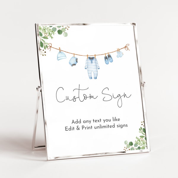 Boy Baby Clothes Baby shower Custom sign Boy Laundry shower Table sign Boho Blue greenery Party Decor Editable Printable Download Bab214