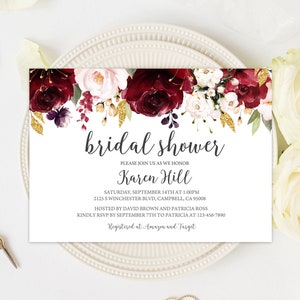 Burgundy Bridal Shower Invitation  Floral Bridal Shower Invitation Template  Download  100% EDITABLE