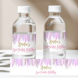 Étiquette de bouteille d'eau de fête d'anniversaire de spa Emballage de fête de maquillage Soirée pyjama Glam Party Girl Or Violet Faveur Édition imprimable à télécharger Bir361