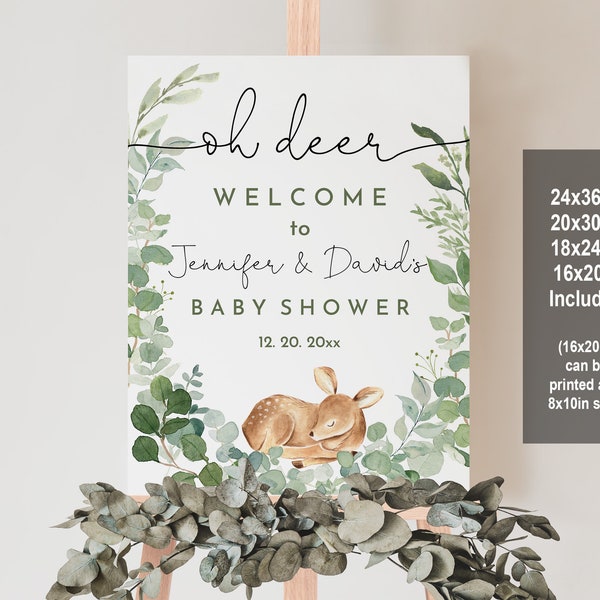 Oh Deer Baby Shower Willkommensschild Waldtiere Babyparty Dekor Geschlechtsneutral Hirsch Babyparty Boho Greenery Bearbeitbar zum Ausdrucken Bab120