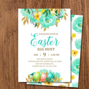 Easter Egg Hunt Invitation   Watercolor Floral Easter Eggs   Easter Egg Hunt Invites   Glitter Gold   Download  editable