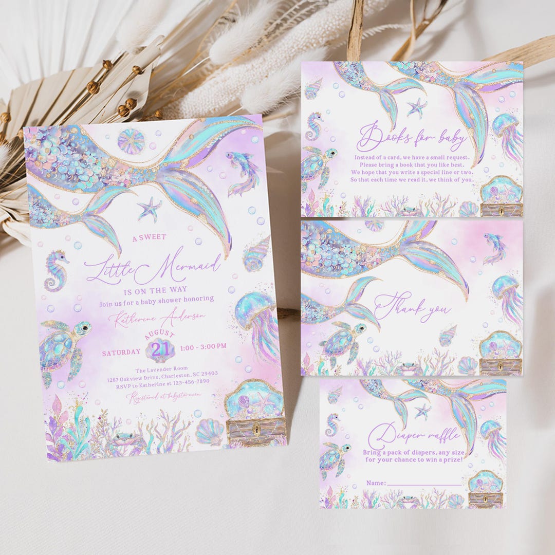 Sweet Mermaid Baby Shower Invitations - Printable Editable Set Bab423 ...