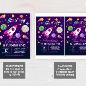 Outer space girl Birthday Invitation Out of this world Party Purple pink Girl Galaxy Planets Rocket Ship Printable EDITABLE DOWNLOAD Bir204 image 4