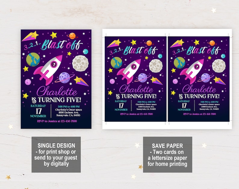 Outer space girl Birthday Invitation Out of this world Party Purple pink Girl Galaxy Planets Rocket Ship Printable EDITABLE DOWNLOAD Bir204 image 4