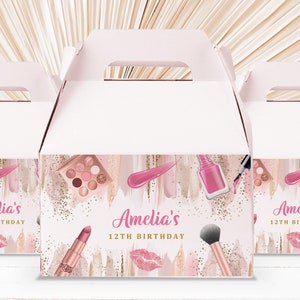 Etiqueta de caja de regalo de fiesta de spa editable Etiqueta de caja de aguilón de cumpleaños glamorosa Etiqueta de fiesta de maquillaje de niña Decoración de brillo de moda Etiqueta de agradecimiento Imprimible Bir309