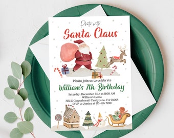 May include: A festive invitation for William's 7th birthday, featuring a watercolor illustration of Santa Claus with a sack of gifts, a reindeer, and Christmas trees. The invitation includes the text "Photo with Santa Claus" and event details.
