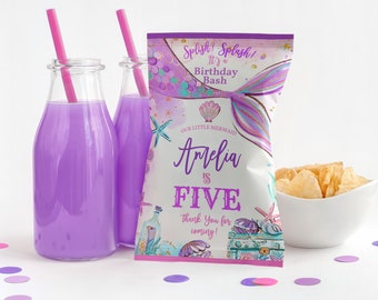 Editable Mermaid Chip Bag Template Summer Birthday Party Chip Bag Favors Mermaid Party Potato Chip Favors Printable Download Bir321