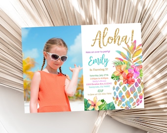 May include: A colorful invitation with a pineapple design and a photo of a girl wearing sunglasses. The text on the invitation reads "Aloha! Hula on over to party! Emily is Turning 5! Saturday, July 27th 2:00pm to 4:00pm Emily's House 1000 Escalon Ave, L12345 Sunnyvale, CA, 94005 RSVP to Jane at 123-456-7890"
