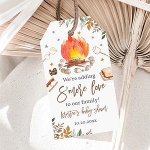 Bearbeitbare S'more Love Baby Shower Favor Tags Wir fügen unserer Familie Smores Love hinzu Dankeschön Tag Boho Printable Download Bab171