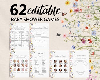 Könnte beinhalten: Sechs druckbare Spiele für eine Babyparty, darunter Bingo und Vorhersagespiele. Der Text "62 editable BABY SHOWER GAMES" steht oben. Die Karten sind mit floralen und Schmetterlingsillustrationen verziert. Die Spiele sind für eine Babyparty konzipiert.