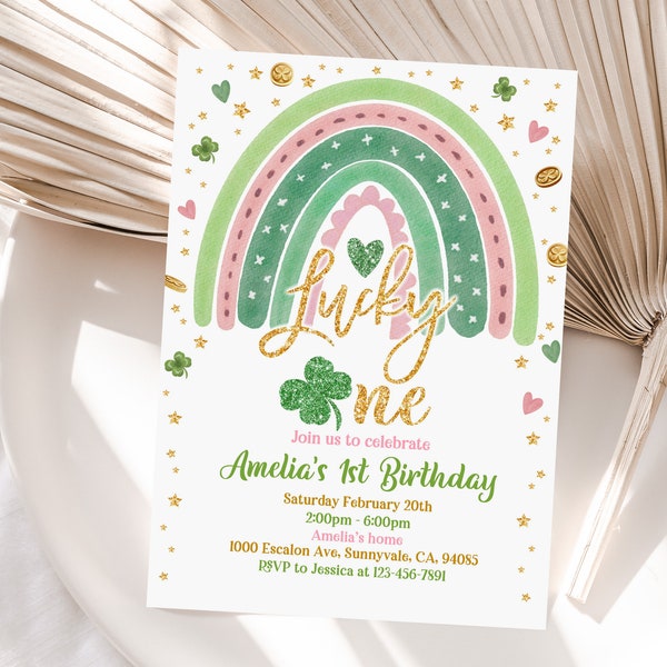 St. Patrick's Day Birthday Invitation Shamrock Rainbow Gold Party Invite Green Lucky One Girl Boy First 1st Editable Download SpI1