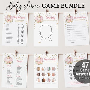 Pink Pumpkin Baby Shower Game Bundle Fall Autumn Baby Sprinkles Game Set Pink Floral Girl Party Activity Editable Printable Digital Bab40