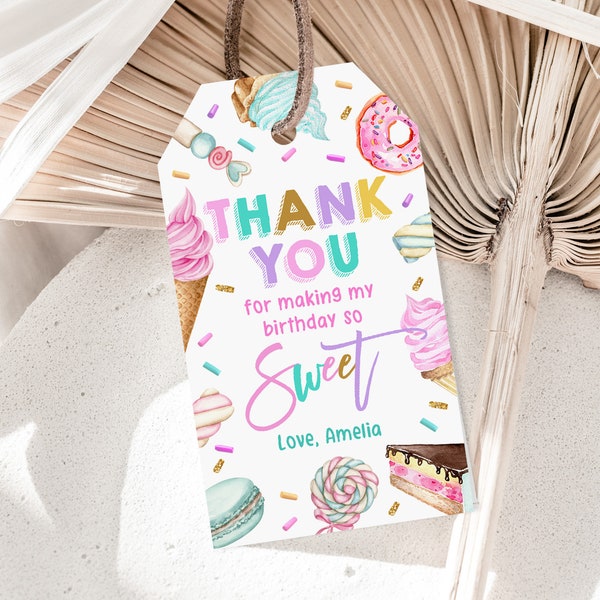 Editable Sweet party Thank you tag Sweet Celebration gift Tags Ice cream Cupcake Donut Favor Tag Girl Printable Bir340 Bir339 Bir338 Bir360