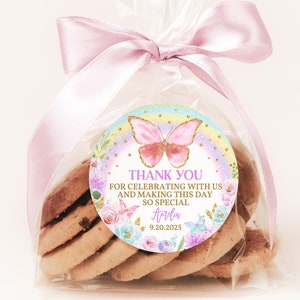 Etiquetas de borboleta Etiqueta de aniversário Etiqueta de agradecimento Lembrancinhas de chá de bebê para meninas Etiqueta de presente em tons pastel para impressão editável Baixar Bir273 Bab136