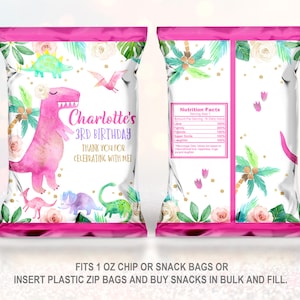 Mädchen Dinosaurier Chip Tasche Dino T-Rex Geburtstag Party Dekor Snack Tasche Gefälligkeiten Safari Wild Pink Gold Printable Bearbeitbare Download Bir248