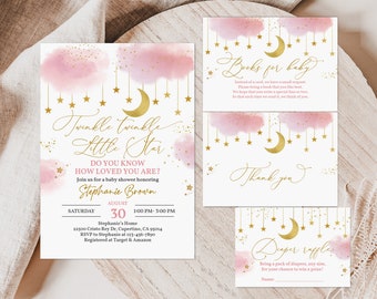 May include: Pink and gold baby shower invitation with a watercolor background and gold stars. The invitation says "Twinkle Twinkle Little Star" and includes the text "Do you know how loved you are?" and "Join us for a baby shower honoring Stephanie Brown".