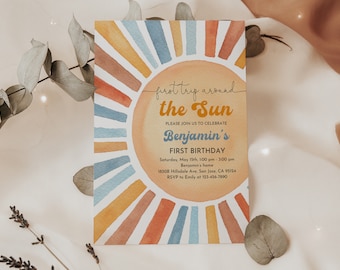 1st Birthday Invitation: Boho Sun Design - Neutral Colors Editable Bir409